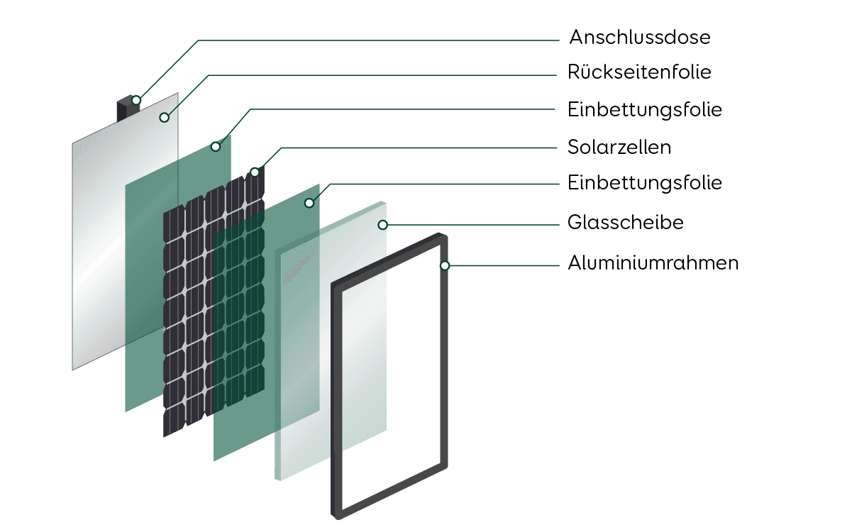 Solarmodul Aufbau im Querschnitt sieht man die einzelnen Schichten eines Moduls mit den Solarzellen in der Mitte