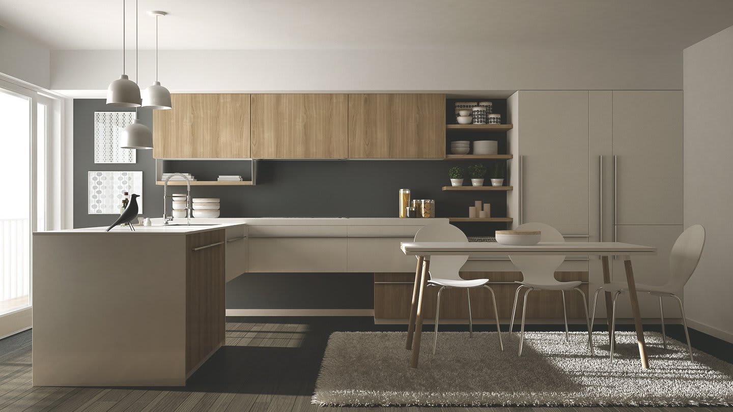 Küche in Trendfarben beige, grau, taupe, Oberschränke mit Holz-Fronten und Esszimmertisch mit drei Stühlen