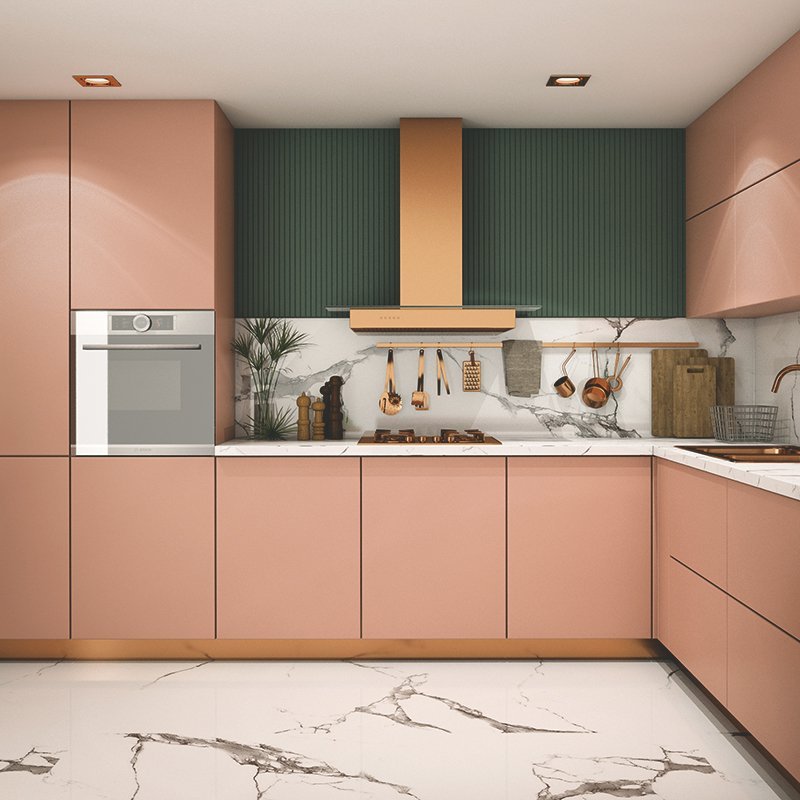 Küche mit matten pinken Fronten und gelber Abzugshaube im modernen Design