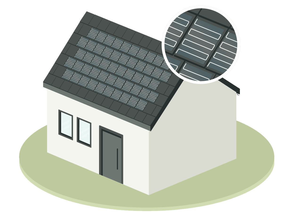 Solardachziegel auf einem Wohnhaus mit einer Vergrößerung auf die Solarzellen