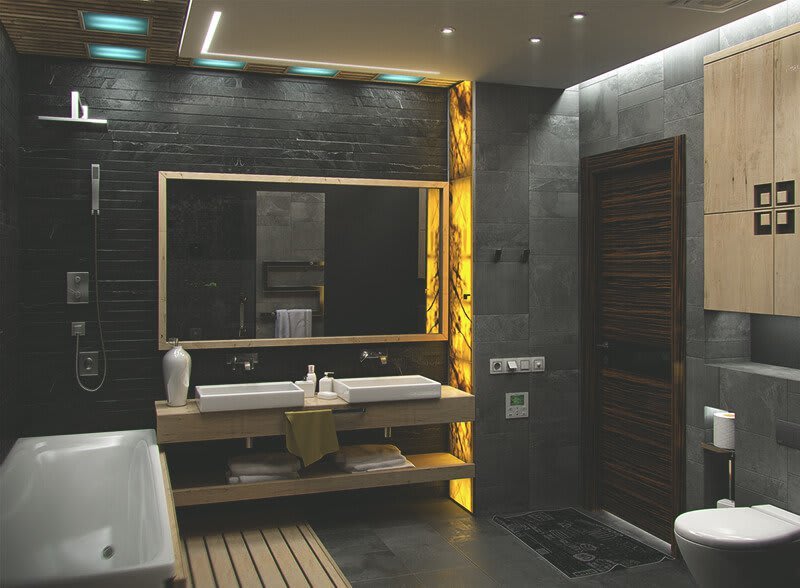 Badezimmer mit Holzelementen und grauen Fliesen