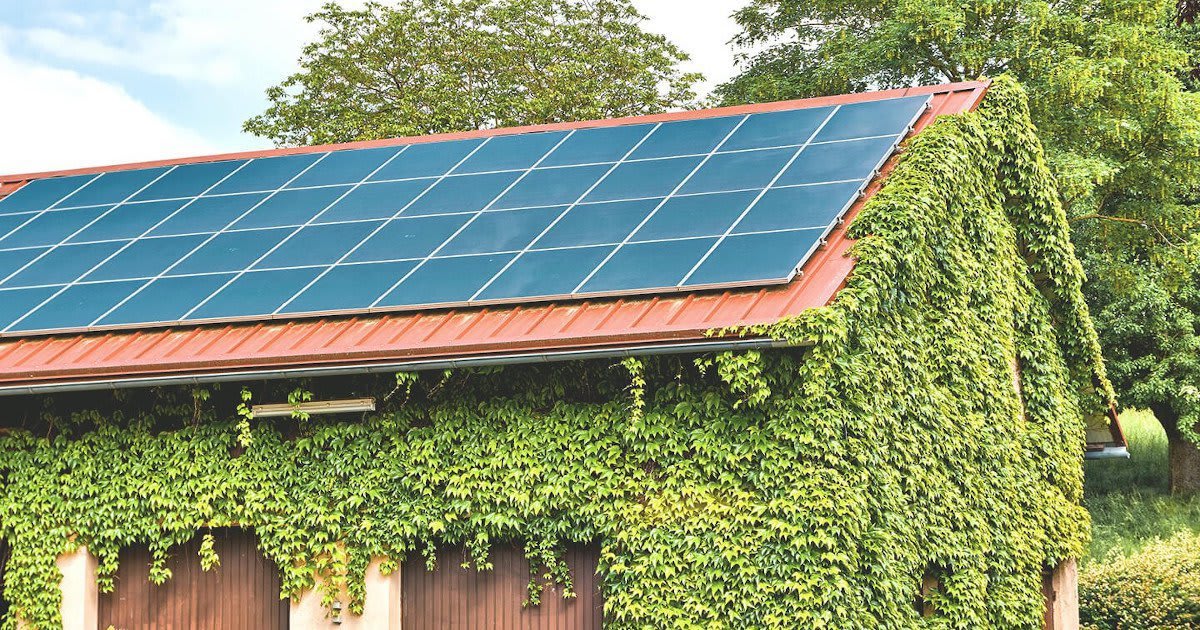 Grün bewachsene Garage mit Solaranlage auf dem Dach